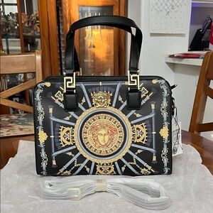 Source Unknown Black and Gold Medusa Crossbody Satchel Tote Handbag!